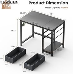 an image of a table with drawers on it and measurements for the top half, bottom half