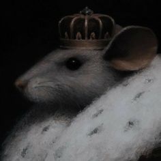 a painting of a mouse with a crown on it's head, in the dark