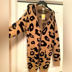 Mia Belle Size L Leopard Print Cardigan. Nwt Brown V-neck Cardigan For Loungewear, Trendy Brown V-neck Outerwear, Cozy Long Sleeve Leopard Print Outerwear, Cozy Long Sleeve Outerwear In Leopard Print, Brown Long Outerwear For Loungewear, Long Brown Outerwear For Loungewear, Casual Leopard Print Winter Cardigan, Casual Leopard Print Cardigan For Winter, Casual Brown Sweater Coat For Loungewear