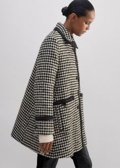 Bouclé Houndstooth Swing Coat | ME+EM Wool Jacquard Knit Outerwear For Work, Classic Jacquard Knit Outerwear For Work, Classic Jacquard Knit Workwear Outerwear, Office Outerwear With Contrast Trim For Fall, Fall Office Outerwear With Contrast Trim, Aw24 Outfits, Boucle Coat, Ankle Sleeve, Houndstooth Coat