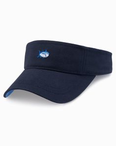 Navy Casual Sports Brimmed Visor, Casual Sports Visor With Brim, Casual Solid Color Brimmed Visor, Casual Solid Brimmed Visor, Casual Brimmed Sports Visor, Casual Adjustable Visor With Cotton Sweatband, Casual Brimmed Visor In Solid Color, Casual Adjustable Visor Baseball Cap, Casual Adjustable Visor For Golf