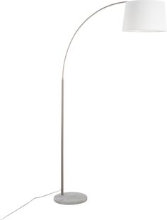 a floor lamp with a white shade on the base and a light that is plugged in