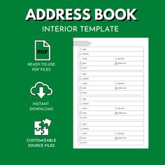 a green book cover with the words address book and instructions to inserting information on it