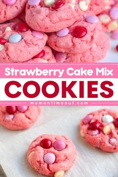 Strawberry Cake Mix Cookies are the perfect Valentine’s Day dessert recipe! These yummy cookies are quick and easy to make with strawberry cake mix, white chocolate chips, and M&Ms. Make them today and enjoy a sweet treat! Valentine's Snacks, Strawberry Cake Cookies, Strawberry Cake Mix Cookies, Delicious Strawberry Cake, Strawberry Sweets, Strawberry Cake Easy, Chocolate Cake Mix Cookies, Pink Treats, Cookie Recipes From Scratch