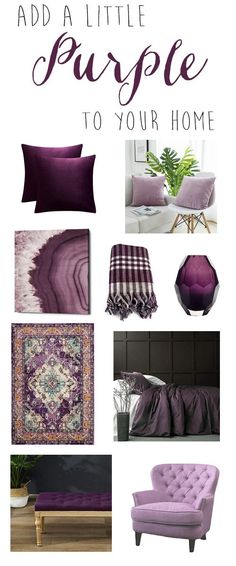 purple and black bedroom with text overlay that says add a little purple to your home