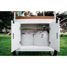 two white gas tanks sitting in the back of a truck with flowers on it's side