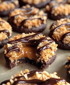 chocolate covered cookies with coconut flakes and drizzled in melted ganache