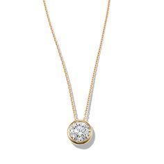 This sparkling round lab-grown diamond pendant features a stylish bezel setting. Crafted in warm 14-karat yellow gold  a matching cable chain with a lobster clasp keeps this necklace secure. Diamond Bezel Necklace, Bezel Necklace, Solitaire Necklace, Solitaire Setting, Step Kids, Solitaire Necklaces, Bezel Pendant, Solitaire Pendant, Bezel Diamond