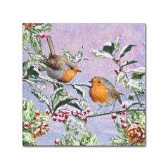 two birds sitting on top of a tree branch with berries and holly branches in the background