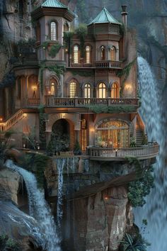 a large house sitting on top of a cliff next to a waterfall