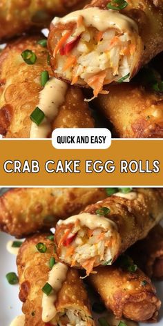 crab cake egg rolls on a white plate