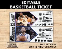 two tickets for the basketball game are on display in front of a wooden background with text that reads, editable basketball ticket