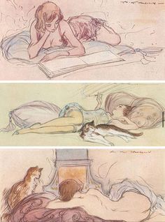 three drawings of two women laying on top of a bed next to an open book