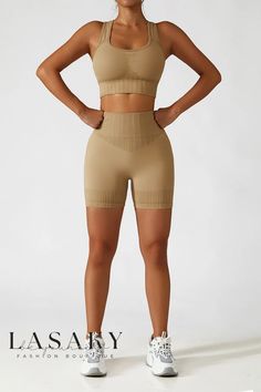 Lasaky - Premium Performance Yoga Leggings: Seamless High-Waisted Activewear for Enhancing Assets and Maximizing Comfort During Fitness and Running Sessions Beige Compression Seamless Activewear, Beige Seamless Compression Activewear, Compression Seamless Solid Color Shorts, Stretch Athleisure Khaki Shorts, Beige Compression Bottoms For Gym, Solid Shaping Shorts With Seamless Construction, Stretch Khaki Athleisure Shorts, Stretch Khaki Shorts For Athleisure, Athleisure Stretch Khaki Shorts