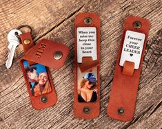 two personalized leather key fobrings, one with a couple's photo and the other has a bottle opener