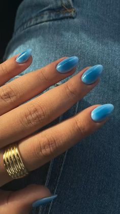 nail inspo, blue nails, almond nails Summer Colors Nails 2024, Simple Sns Nail Designs, Nail Ideas Senior Pictures, Pointed Almond Nail Designs, 4th Of July Nails Almond Shape Simple, Cool Girl Summer Nails, Blue Two Tone Nails, Two Toned Blue Nails, Different Colored Hands Nails