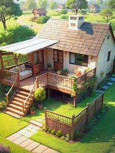 an aerial view of a house with stairs leading up to it