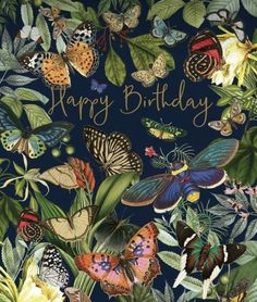 a birthday card with lots of butterflies and flowers in the center, on a dark blue background