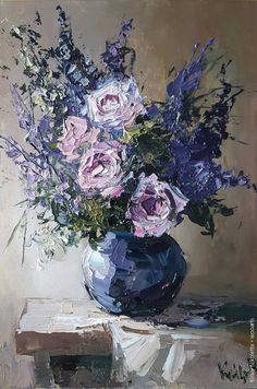 a painting of purple flowers in a blue vase