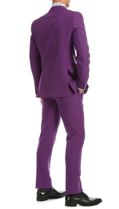 PL1969 Mens Purple Slim Fit 2pc Suit is a sophisticated and modern look with a rich custom tailored fit, perfect for any occasion. Features: Slim Fit Two Button Notch Lapel Two rear side vents Fully lined jacket Outer & Inner Pockets with ample storage for gentlemen's accessories Matching slim fit, flat front trousers, lined to the knee with zipper to single button closure 100% Poplin Garment Care: Dry Clean Only Fitted Purple Suit For Formal Occasions, Fitted Purple Formal Suit, Fitted Purple Tuxedo With Notch Lapel, Purple Fitted Tuxedo With Notch Lapel, Purple Notch Lapel Suit For Business, Tailored Purple Suit For Business, Tailored Purple Business Suit, Classic Purple Notch Lapel Suit, Classic Fitted Purple Blazer