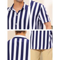 The summer-beach shirt features a color block and a stripe design, it is fashionable. Made of soft and breathable fabric, this shirt gives you a comfortable experience in summer. Pair the stripe beach shirt with casual pants or board shorts for a summer casual look. Available in multiple colors, it is a wardrobe necessity for summer. It is also and a good choice for vacation. Beach Tops With Striped Collar And Short Sleeves, Summer Collared Shirt With Vertical Stripes, Casual Summer Shirt With Contrast Stripes, White Summer Shirt With Striped Collar, Casual Tops With Striped Collar For Vacation, Summer Vacation Tops With Striped Collar, Casual Top With Striped Collar For Vacation, Casual Vacation Top With Striped Collar, Summer Beach Top With Vertical Stripes