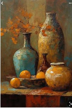 a painting of vases and oranges on a table