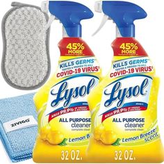 two bottles of lyso all purpose cleaner next to a cleaning cloth and sponge