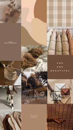 the collage shows many different things in brown and beige colors, including pillows, blankets,