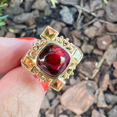 Absolutely Stunning Ring In Solid 10k Yellow Gold (Stamped And Also Tested), With Vibrant Wine Like Color Garnet Cabochon Stone And Sunny Citrines! What A Striking Combination Of Colors!!! Definitely Designer Looking Ring! Alexandrite Ring, Citrine Ring, Womens Jewelry Rings, Red Yellow, Ring Designs, Citrine, Statement Pieces, Garnet, Yellow Gold