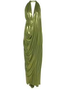 Gemy Maalouf metallic-sheen Halterneck Dress - Farfetch Green Halter Neck Dress For Formal Occasions, Green Maxi Length Halter Dress For Evening, Green Floor-length Halter Dress For Party, Green Halter Maxi Dress For Evening, Green Maxi Halter Dress For Evening, Green Halter Neck Dress For Evening, Green Halter Neck Evening Dress For Gala, Luxury Green Floor-length Maxi Dress, Luxury Green Maxi Dress For Evening