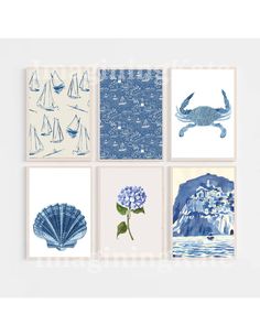 four blue and white cards with seashells, shells, flowers and sea animals