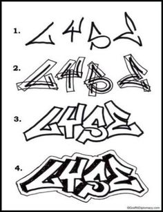 graffiti alphabets and numbers drawn in black ink on white paper, with the number four