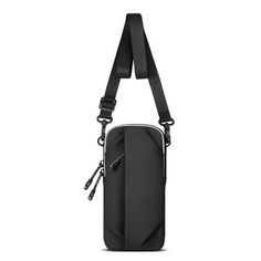 a black and white bag with straps hanging from the front, on a white background