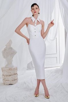 Women's Amaris Sheath Backless Synthetic Midi Dress S/M/L White MEAN BLVD Mean Blvd, Backless Design, Synthetic Materials, Metal Buttons, Formal Occasion, Online Fashion, Special Features, Latest Fashion Trends, Custom Color