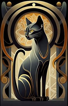 a black cat sitting on top of a table next to a golden frame with an art nouveau design