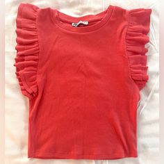 Orange/Pink With Ruffled Sleeves Never Worn Zara Pink Tops With Ruffles, Zara Pink Ruffled Tops, Pink Ruffled Tops By Zara, Trendy Pink Ruffled Tops, Pink Crew Neck Top For Day Out, Trendy Pink Zara Tops, Chic Pink Crew Neck Top, Cute Zara Tops For Day Out, Fitted Pink Summer Top