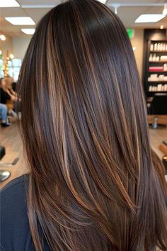 Chocolate Brown Highlights Straight Hair, Highlight In Hair Ideas, Best Color Highlights For Dark Brown Hair, Straight Long Hair Color Ideas, Long Straight Caramel Hair, Hair Color Inspo Straight Hair, Brunette Hair With Fall Highlights, Caramel Black Hair, Highlights With Straight Hair