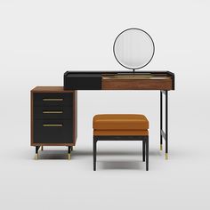 a desk with a mirror, stool and ottoman in front of it on a white background