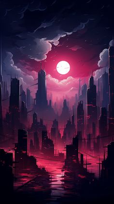 an image of a city at night with the moon in the sky and red clouds