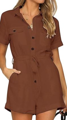 Rompers & Jumpsuits // Show off your gorgeous style wearing this brown short sleeves button down belted romper.