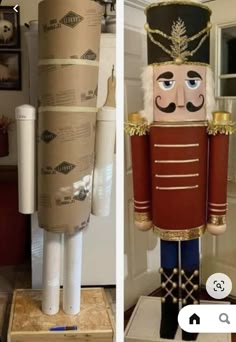 two pictures of a nutcracker made out of cardboard