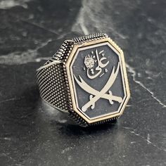 Handmade Silver Zulfiqar Sword Black Design Ring , Silver Arabic Ring , Ali Zulfiqar Sword Mens Ring , Islamic Jewelry , Gift For Him , Same Day For Shipping ✧ Product Details * Handmade İtem * Gender : Male / Female * Material : 925K Sterling Silver * Ring Weight : 11.5 Grams ✔ Usage Details * Silver jewelry is very sensitive to chemicals. It is recommended to keep away from chemical substances such as cream, bleach, deodorant, detergent. * Silver jewelry can also darken quickly in salt water, that is, in sea water. For this reason, it is best to remove them when swimming in the sea. ✔ Shipping * Your orders placed on weekdays are delivered to the cargo on the same day. Your orders placed on the weekend are delivered to the cargo on Monday. ✔ Other Details * Our products are handmade and Islamic Ring, Islamic Jewelry, Chemical Substances, Design Silver, Ring Collections, Ring Silver, Black Design, Rings Statement