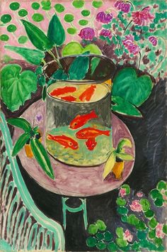 a painting of goldfish in a bowl on a table next to plants and flowers