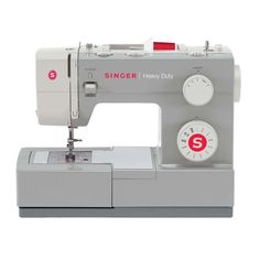 the singer heavy duty sewing machine is grey with red and white buttons on it's side