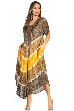 Caftan dress features unique embroidered neckline and hem, tie dye fabric and relaxed fit. Embroidered Caftan, Kaftan Dresses, Tie Dye Fabric, Dye Fabric, Embroidered Neckline, Caftan Dress, Kaftan Dress, Summer Festival, Latest Styles