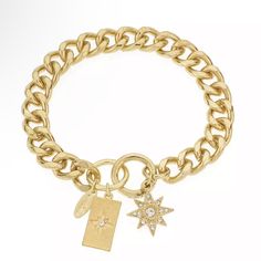 New With No Tag A Bold Chain-Link Bracelet With Sparkling Celestial Charms. Set In 18k Gold Plated Brass, Glass Approximate Circumference- 7.5" Ring Clasp Closure Wipe Clean Imported Gold Metal Bracelet With Star Charm, Gold Metal Bracelets With Star Charm, Gold Metal Chain Bracelet With Star Charm, Everyday Star Charm Bracelet, Gift Chain Bracelet With Star Charm, Gold Star Charm Chain Bracelet, Gold Celestial Charm Bracelet As A Gift, Gold Bracelet With Star Charm, Gold Bracelet Jewelry With Star Charm