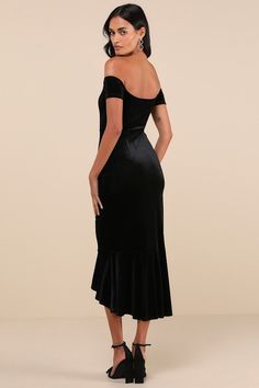 Slip into the Lulus How Much I Care Black Velvet Off-the-Shoulder Midi Dress and dance the night away! Soft and stretchy velvet shapes this stunning dress that features a sweetheart neckline (with hidden no-slip strips) and a darted bodice, framed by short off-the-shoulder sleeves. High, fitted waist tops a figure-flattering midi skirt with a trumpet silhouette and a ruffled, high-low hem. Fit: This garment fits true to size. Length: Mid-calf length. Size medium measures 47.5" from top to bottom Prom Dress Shops, Off The Shoulder Black Dress, Trumpet Silhouette, Dress Shops, High Low Midi Dress, Prom Dress Shopping, Formal Dresses For Women, Dress Prom, Handmade Dresses