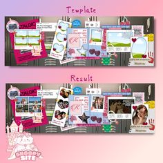 two different layouts for a scrapbook with pictures and text on the front page