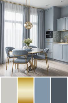 a dining room and kitchen color scheme with blue, grey, gold and white accents