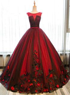 Red And Black Tulle Appliques Backless Princess Quinceanera Dresses Disney Prom Dresses, Red Formal Gown, Puffy Wedding Dresses, Burgundy Evening Dress, Modest Evening Dress, Princess Prom Dresses, Robes Vintage, Senior Prom Dresses, 파티 드레스